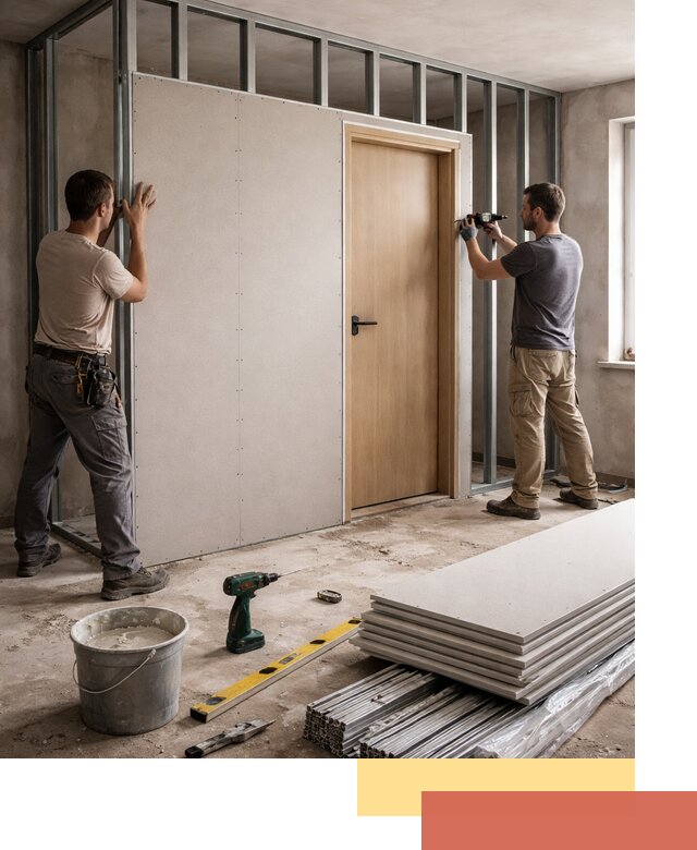 Перегородка из гипсокартона с дверью под ключ в Людиново