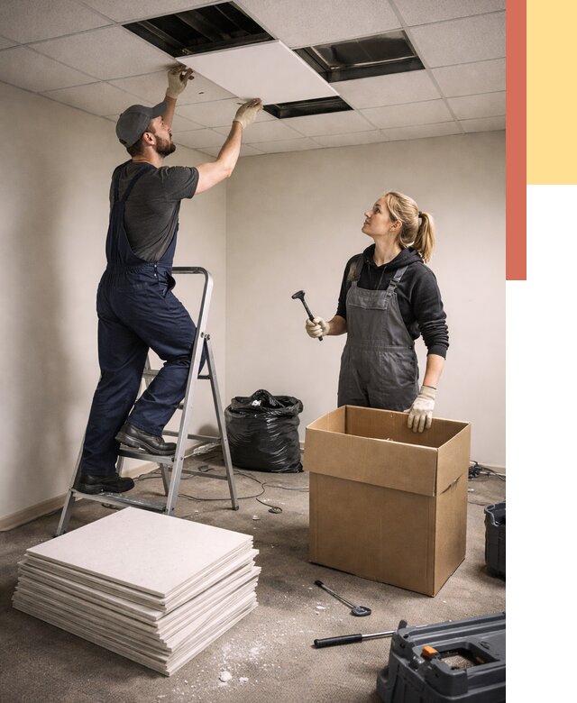 Демонтаж потолочной плитки в Людиново от 4580 руб. быстро и недорого | ОТДЕЛОЧНИК-Люд