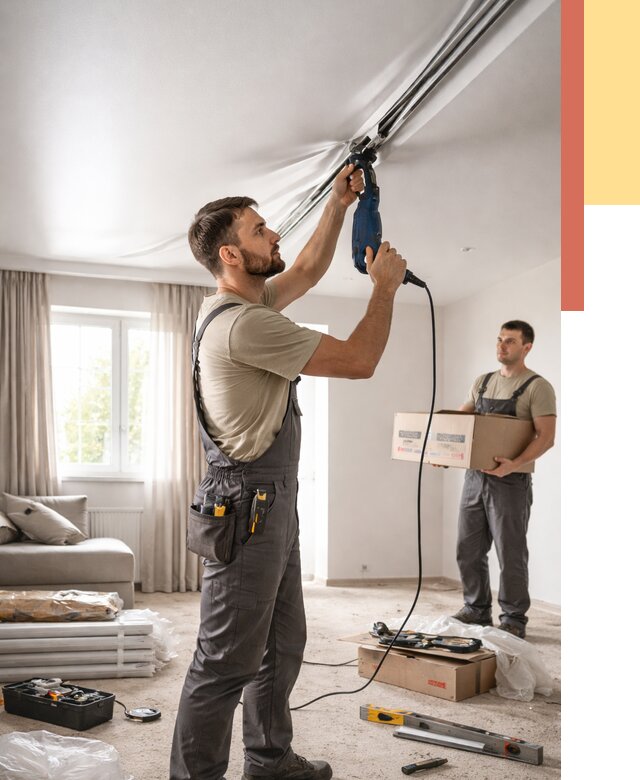 Монтаж сатинового натяжного потолка в Людиново от 3562 руб. | Быстро, недорого — ОТДЕЛОЧНИК-Люд