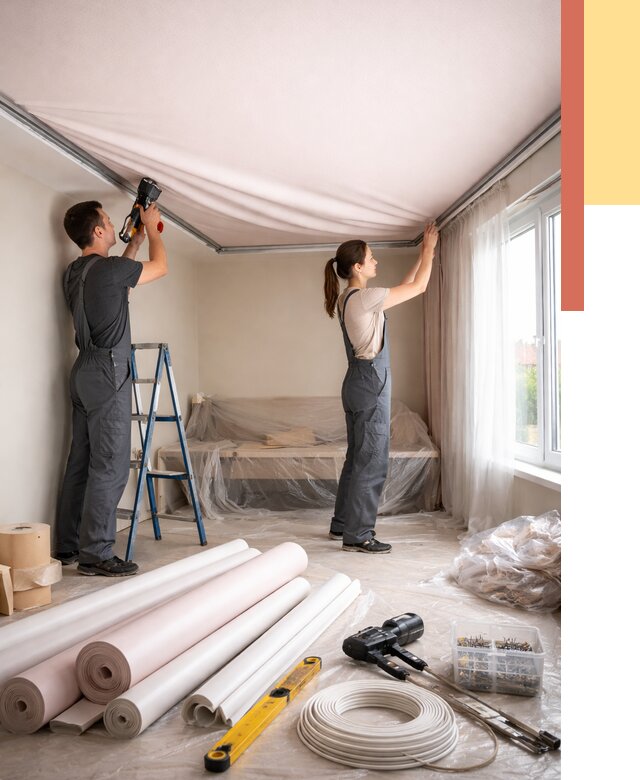 Монтаж цветного натяжного потолка в Людиново от 4275 руб/м² — быстро и недорого | ОТДЕЛОЧНИК-Люд