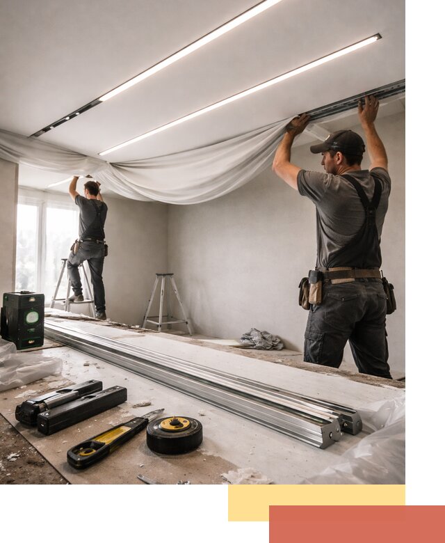 Монтаж натяжных потолков со световыми линиями в Людиново