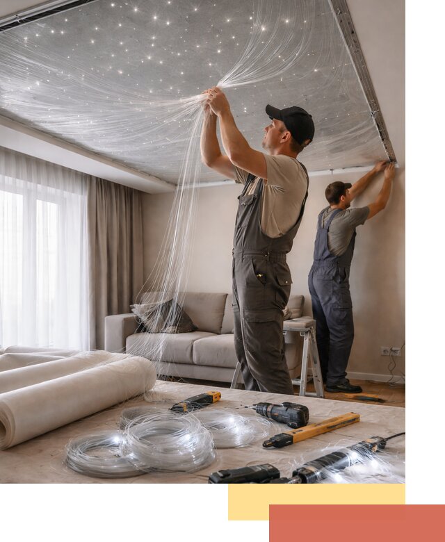 Монтаж натяжного потолка «Звездное небо» в Людиново