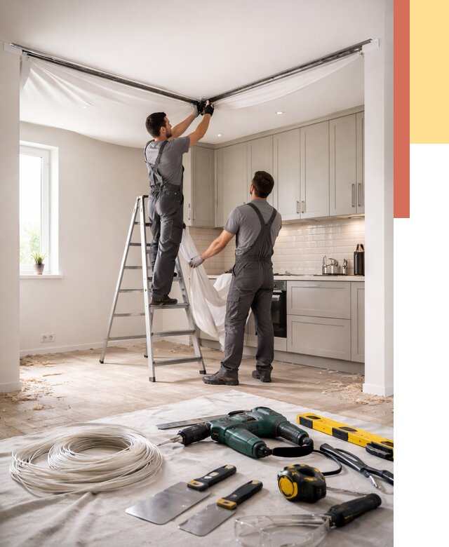 Установка натяжного потолка на кухне в Людиново от 2443 руб. | ОТДЕЛОЧНИК-Люд