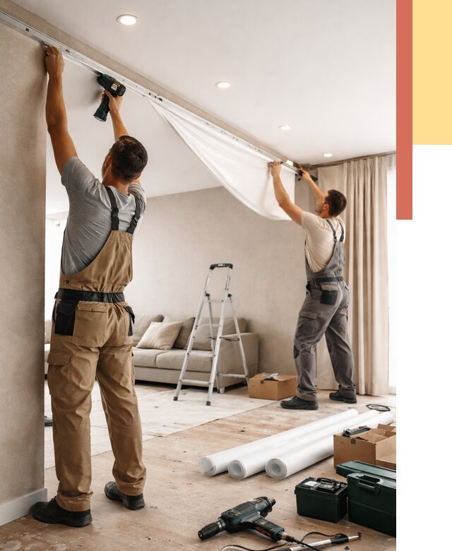 Монтаж натяжного потолка в гостиной в Людиново от 560 руб. | ОТДЕЛОЧНИК-Люд