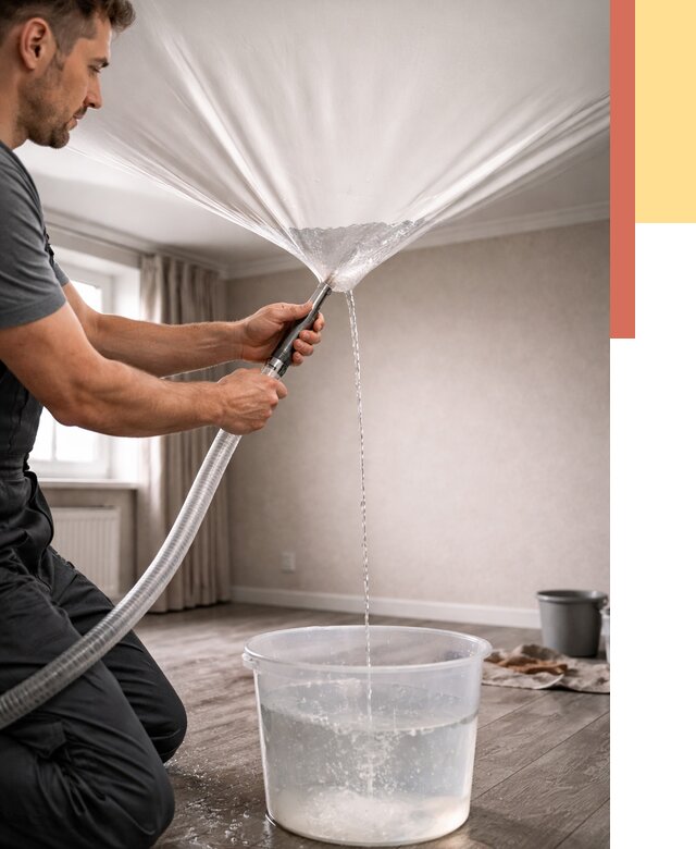 Слив воды с натяжного потолка в Людиново от 2545 руб. быстро и недорого | ОТДЕЛОЧНИК-Люд